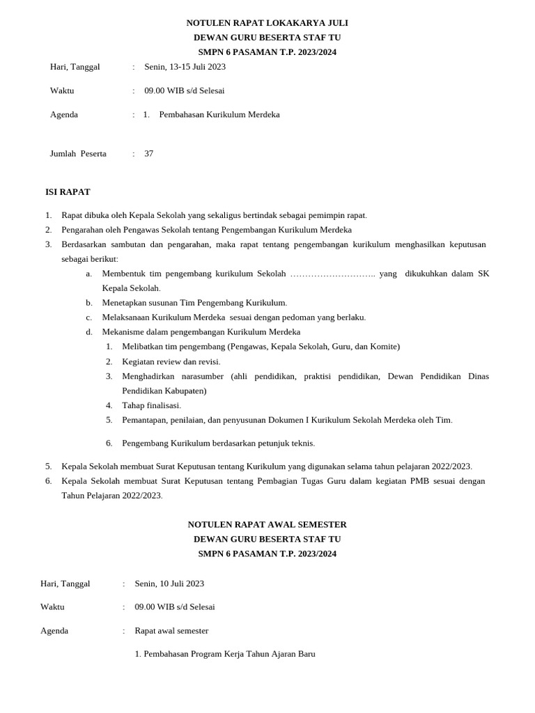 Notulen Rapat Kurikulum Merdeka SMP | PDF