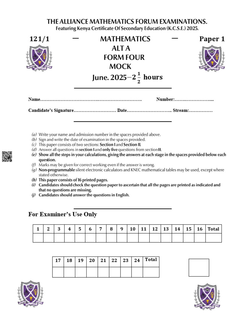 KCSE 2025 Mathematics Paper 1 Mock | PDF | Matrix (Mathematics) | Area