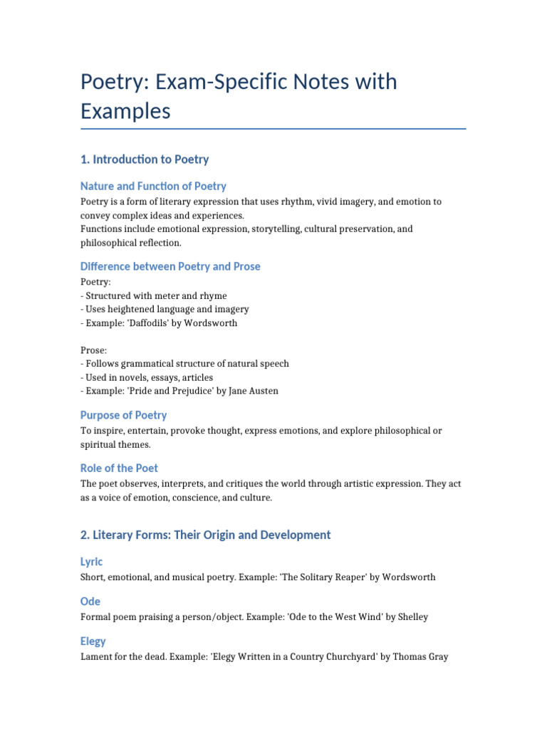 Exam Notes on Poetry Essentials | PDF | Poetry | Metre (Poetry)