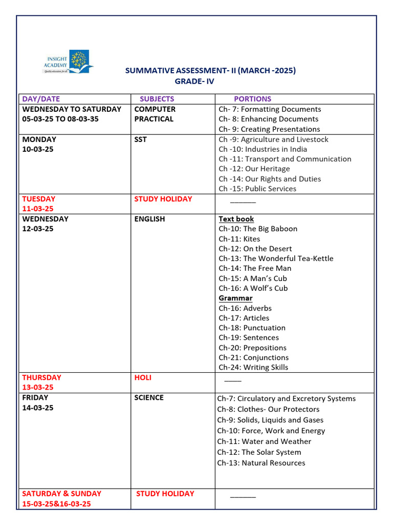 Grade IV Summative Assessment Schedule | PDF