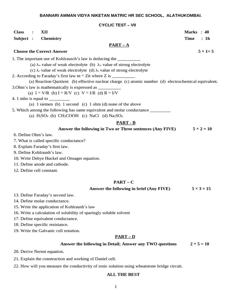 Chemistry Cyclic Test XII - BAVN School | PDF | Physical Chemistry ...
