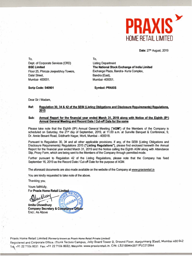 Praixs 8th Agm Intimation To Bse Nse | PDF | Electronic Voting | Password