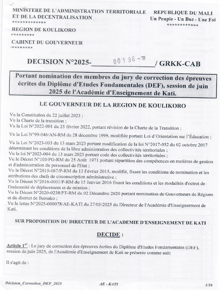 Décision - Correction Du DEF Session Juin 2025 - AE Kati | PDF