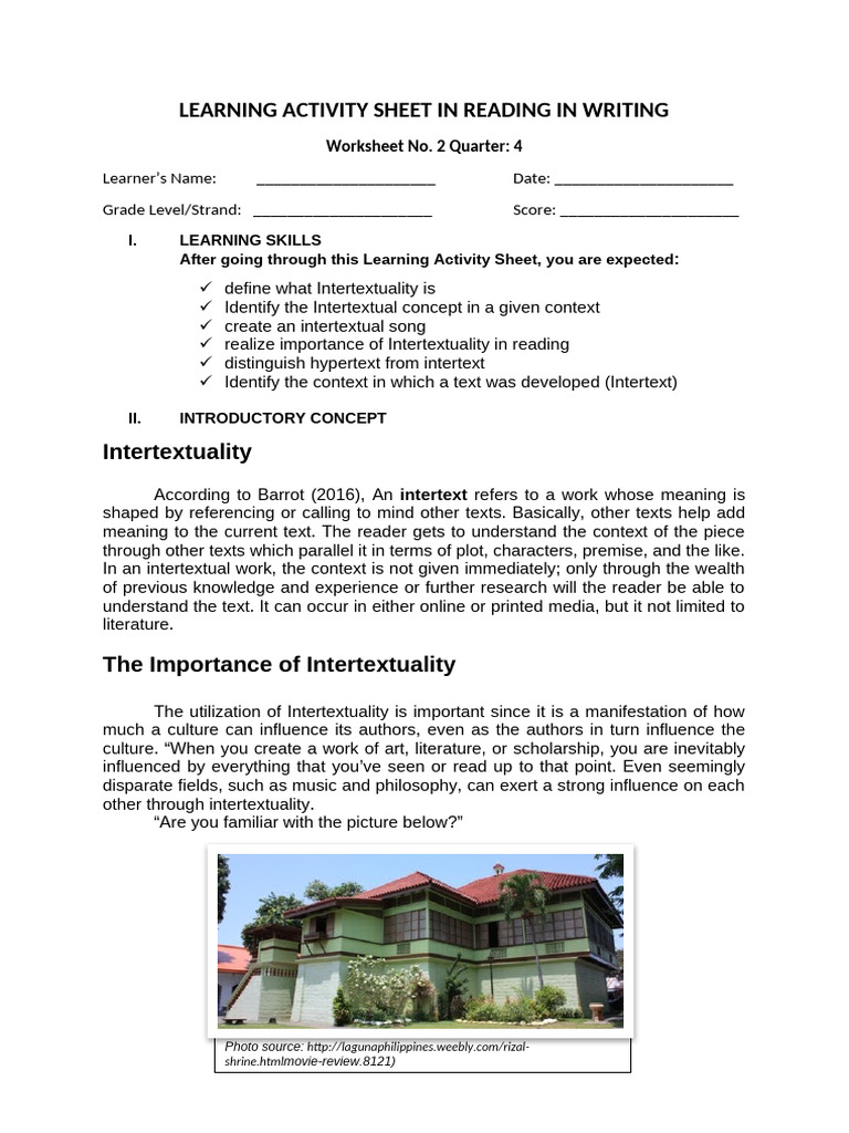 Intertextuality Learning Activity Sheet | PDF | Intertextuality