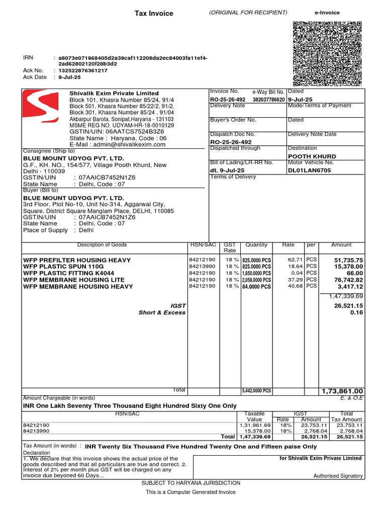 Tax Invoice for Shivalik Exim Pvt. Ltd. | PDF | Public Finance | Taxation