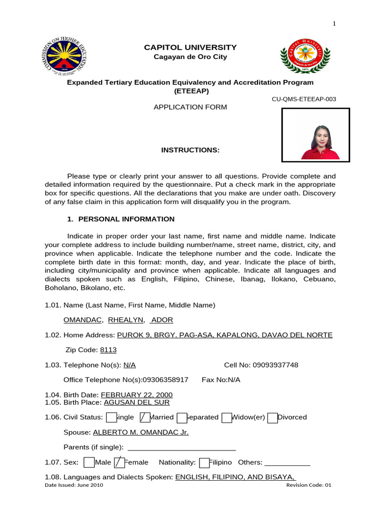 ETEEAP Application Form Sample | PDF | Leadership | Skill