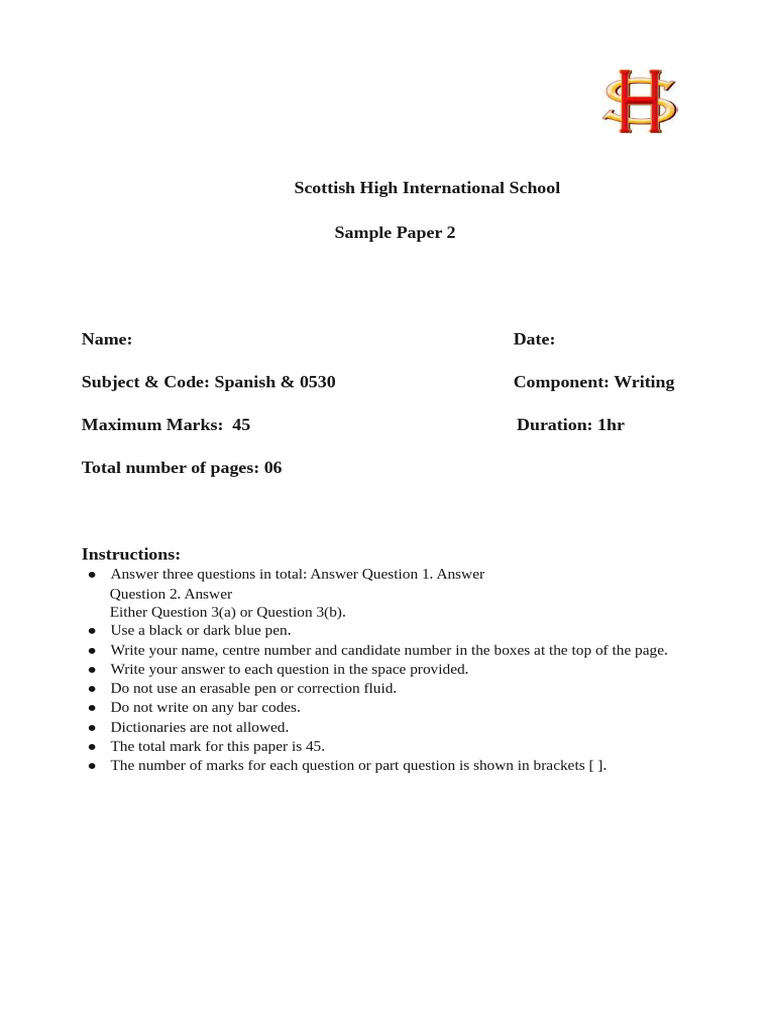 Sample Paper 2 Spanish Paper 4 (Writing) | PDF