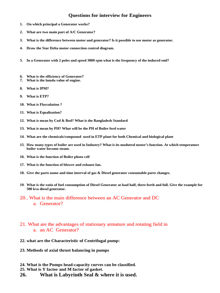 Engineer Interview Questions Guide | PDF | Electric Generator | Boiler