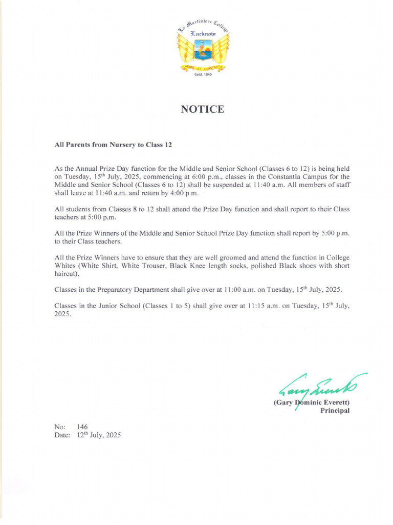 College Notice No. 146 of 2025 - Mdl&SrSchlPD2025 | PDF