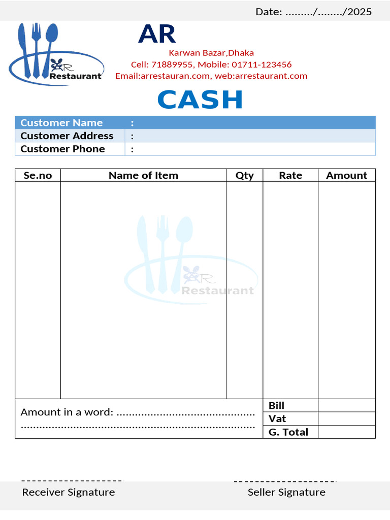 Customer Invoice Template for AR Restaurant | PDF