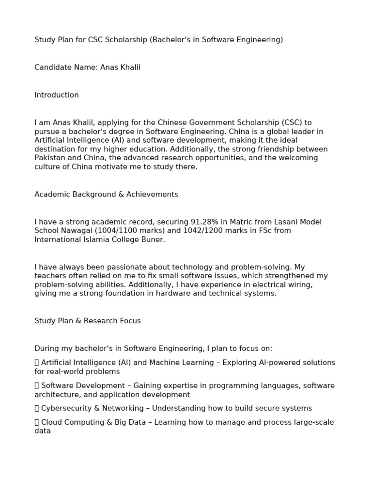 CSC Scholarship Study Plan by Anas Khalil | PDF