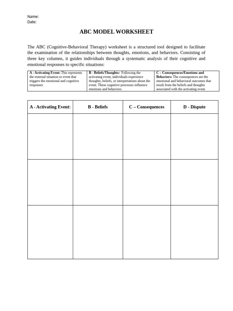 ABC Model & Irrational Thoughts Worksheet | PDF | Cognitive Behavioral ...