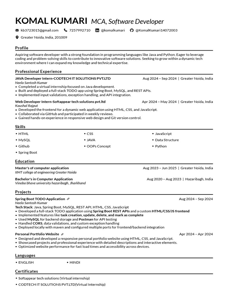 KOMAL KUMARI Resume 1 Komal Kumari | PDF | Java Script | Java ...