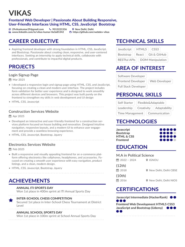 Frontend Developer Resume: Vikas Kumar | PDF | Bootstrap (Front End ...