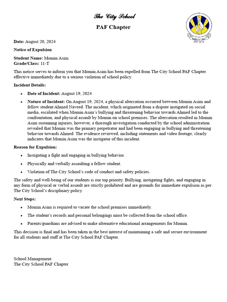 Momin Asim Expulsion Letter - 240820 - 144001 | PDF