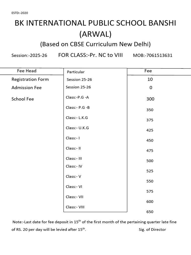 Fee Structure for BK International School | PDF