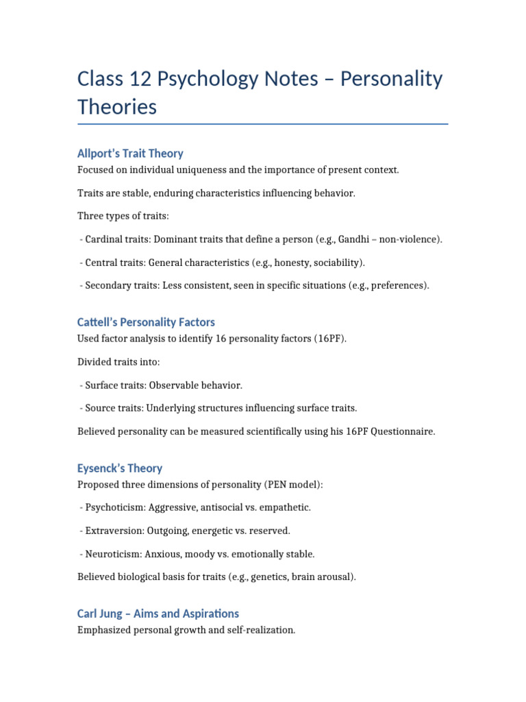 Class 12 Psychology Personality Notes | PDF | Identity (Social Science ...