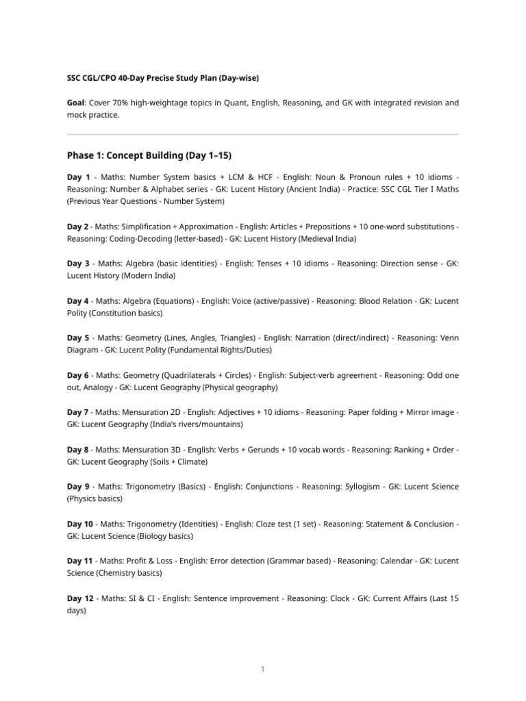40-Day SSC CGL/CPO Study Plan | PDF | Mathematics | English Language
