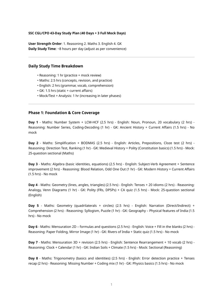 43-Day SSC CGL/CPO Study Plan | PDF | Mathematics | English Language