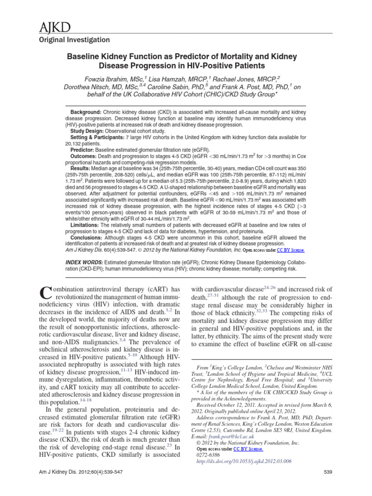 Kidney Function and Mortality in HIV Patients | PDF | Chronic Kidney ...