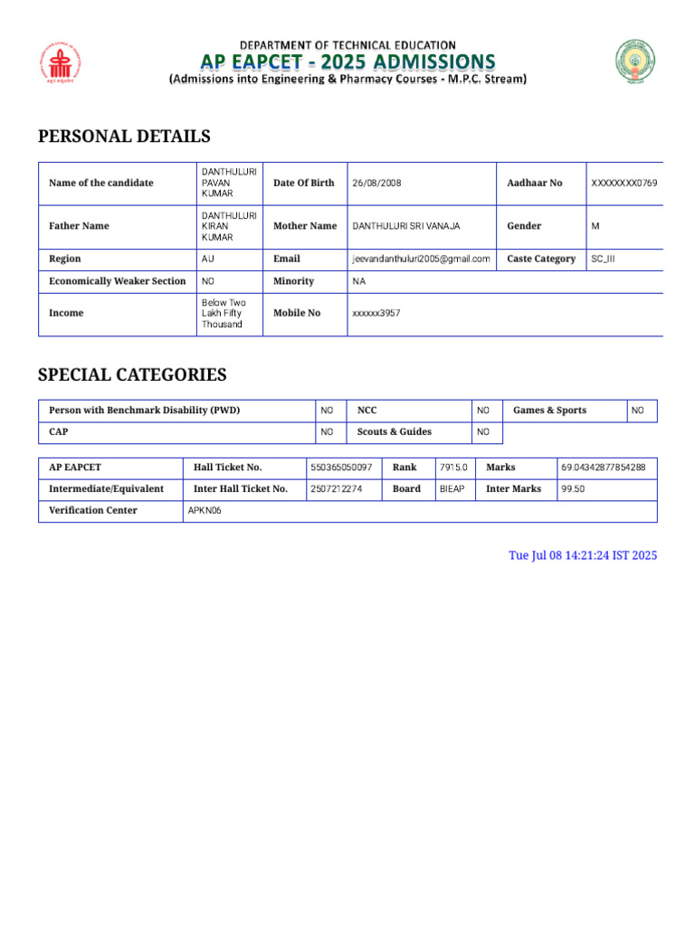 AP EAPCET Candidate Profile Details | PDF