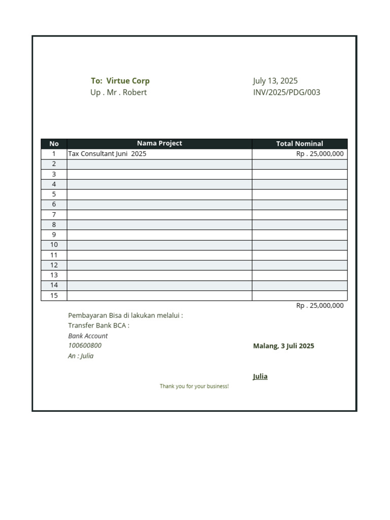Invoice for Virtue Corp Project 2025 | PDF