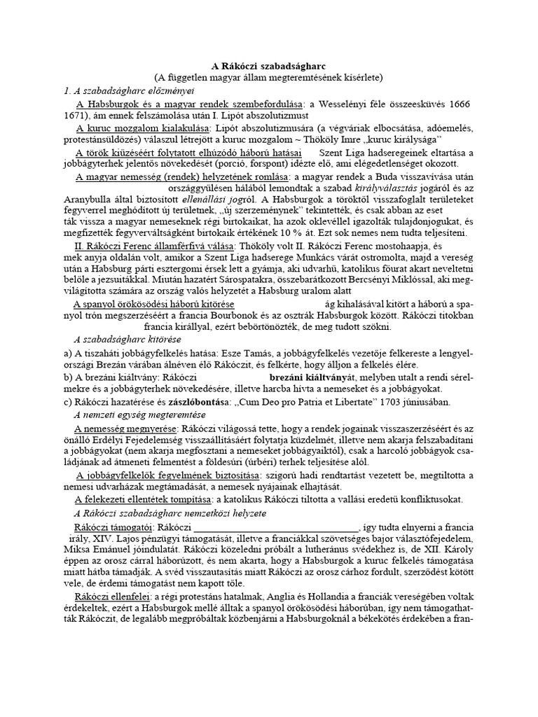 A Rákóczi-Szabadságharc Rövidítve | PDF
