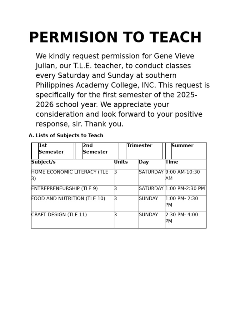 Request for Weekend Teaching Permission | PDF