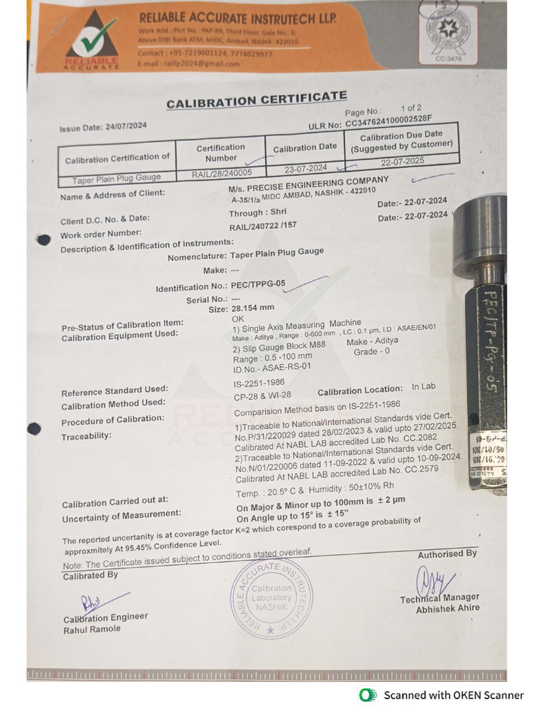 Calibration Certificate of Morse Taper Gauge | PDF