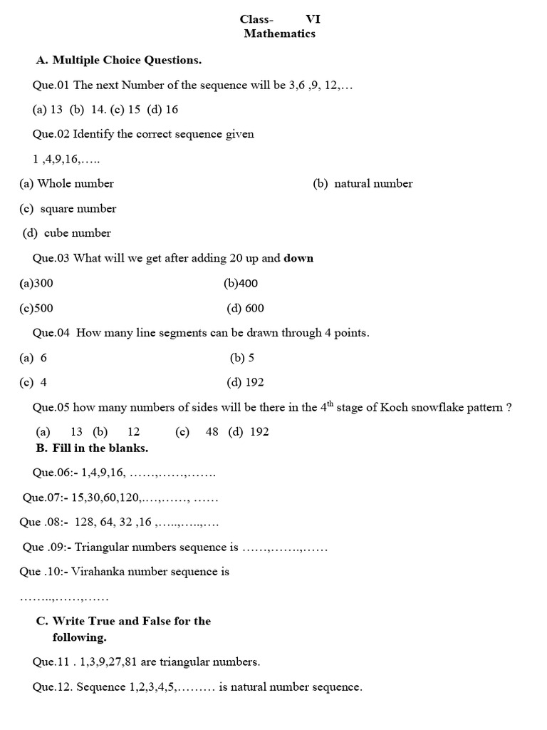 Class 6 Maths Worksheet (2025-26) Chapter - 1 | PDF