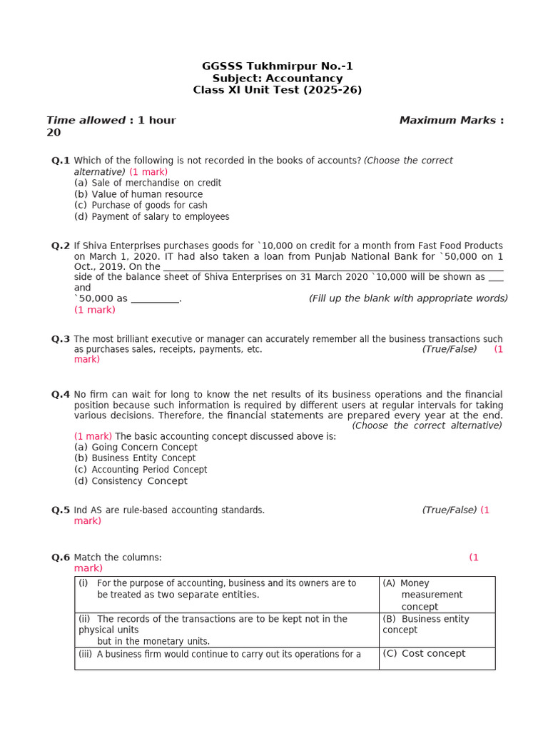 Accountancy XI Unit Test Questions | PDF | Expense | Financial Accounting