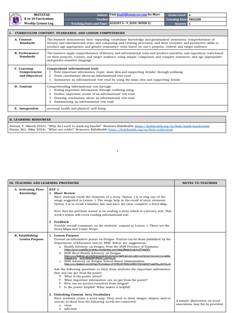 K-10 English Weekly Lesson Plan | PDF | Common Cold | Reading Comprehension