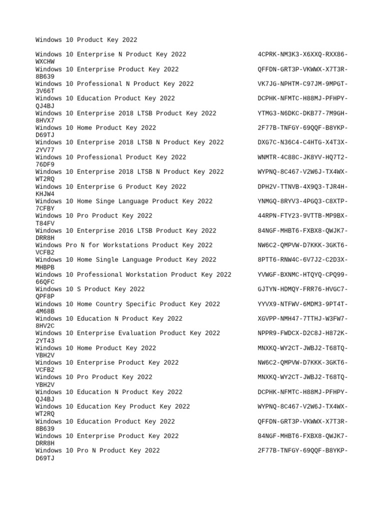 Windows 10 Pro Key List 2022 | PDF | Windows 10 | Software