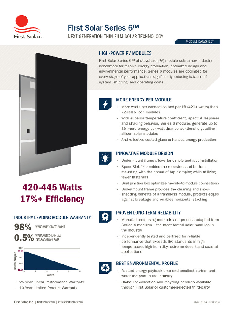 First Solar Series 6 Module Specifications | PDF | Photovoltaics ...