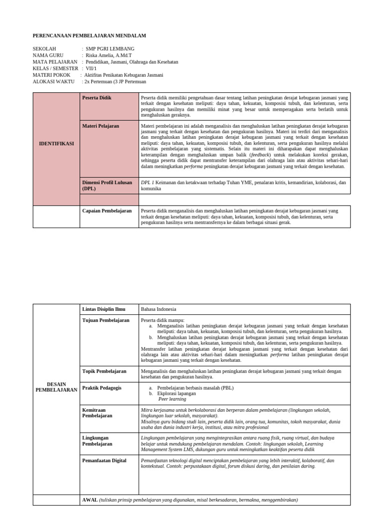 Template - RPP Pembelajaran Mendalam | PDF