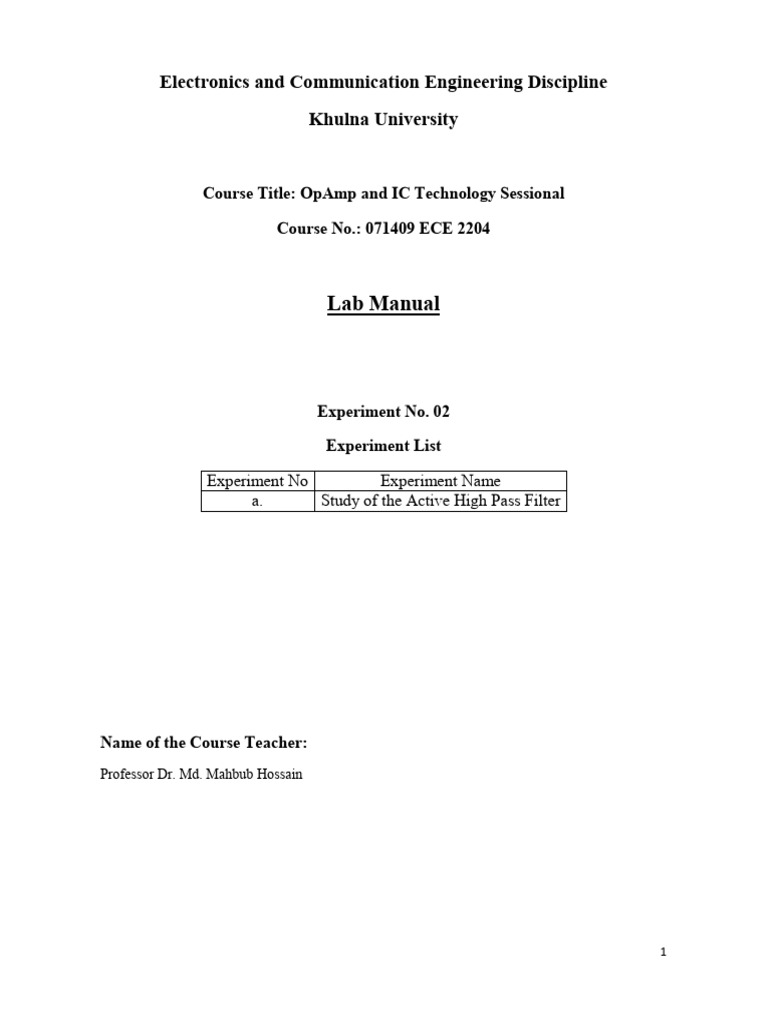Active High Pass Filter Lab Manual | PDF | Electronic Filter ...