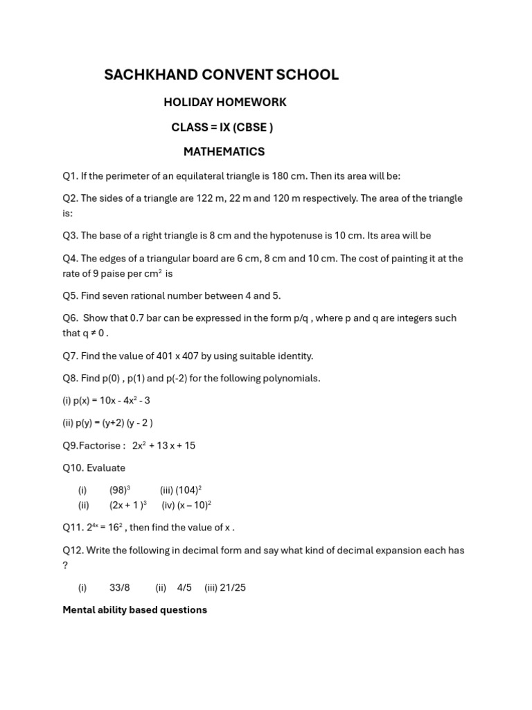 Class IX Mathematics Holiday Homework | PDF | Elementary Mathematics ...
