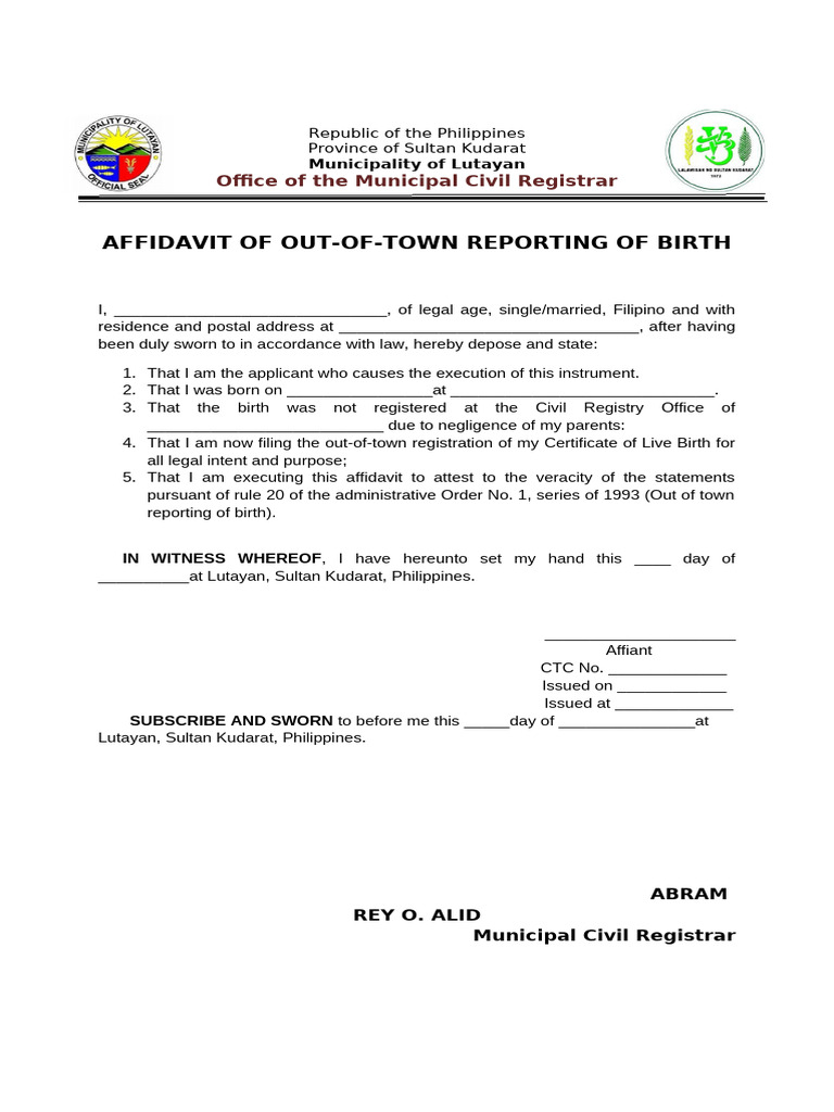Affidavit of Out-Of-Town Reporting of Birth | PDF