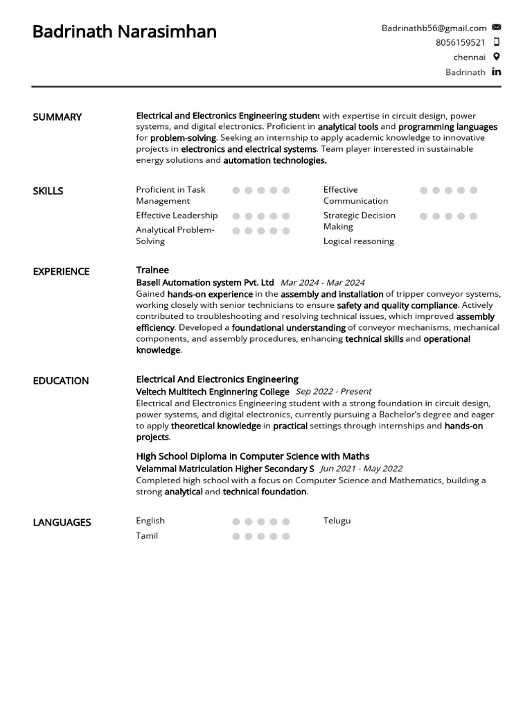 Badrinath Narasimhan: EEE Student Profile | PDF | Engineering | Circuit ...