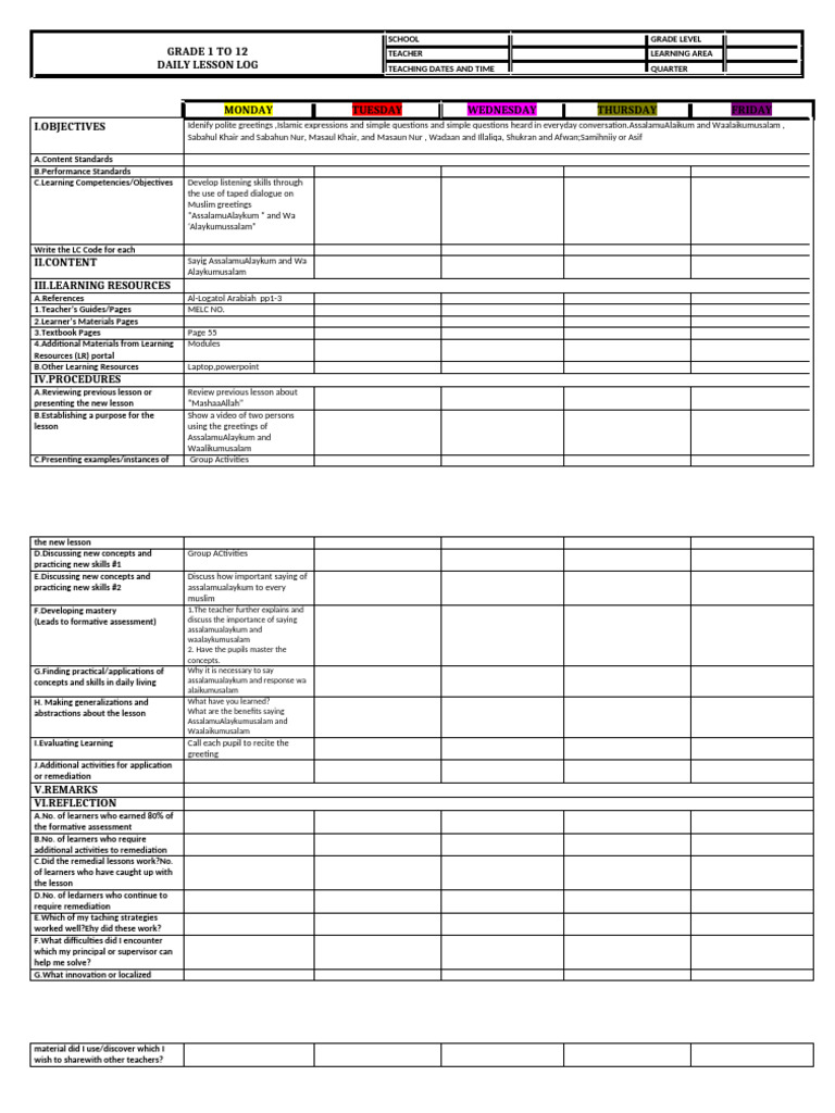 Islamic Greetings Lesson Plan | PDF | Learning | Cognition