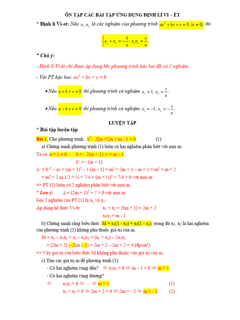 1 - Online - Hệ thức Vi-ét và ứng dụng | PDF