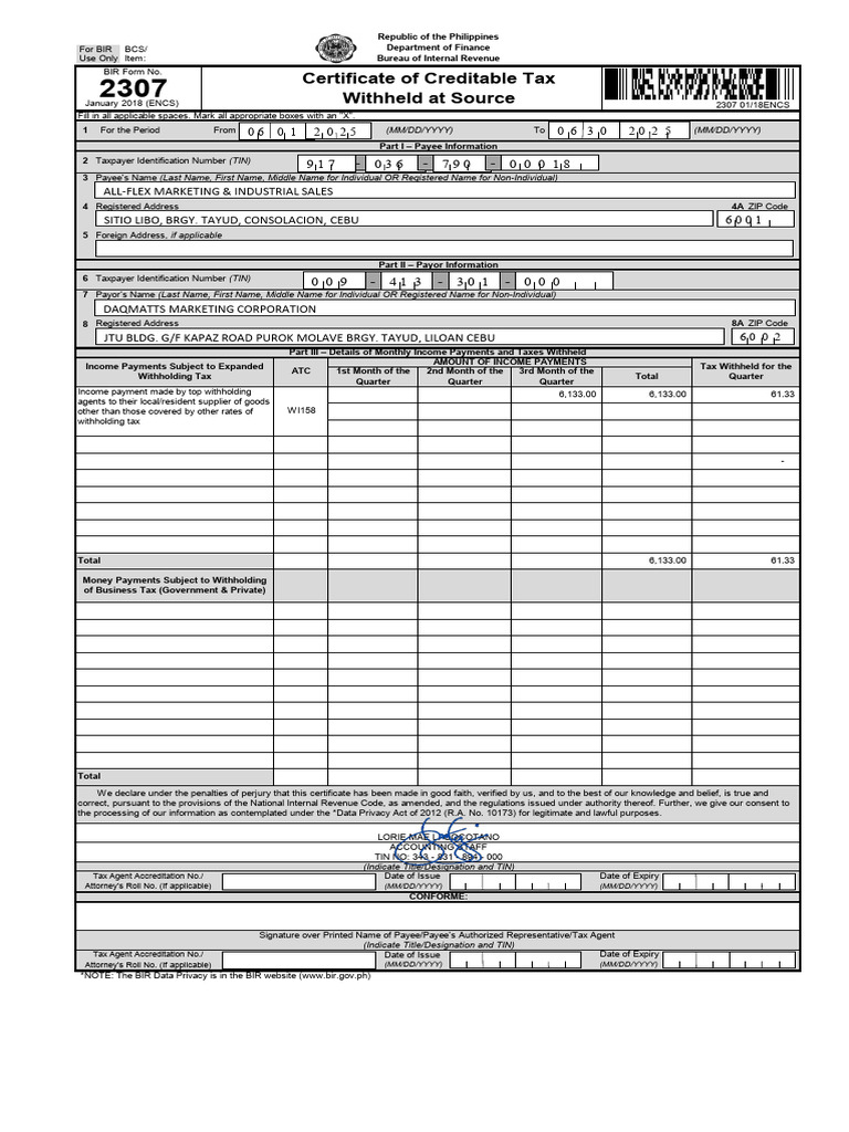 Tax Withholding Certificate Form 2307 | PDF | Payments | Taxation