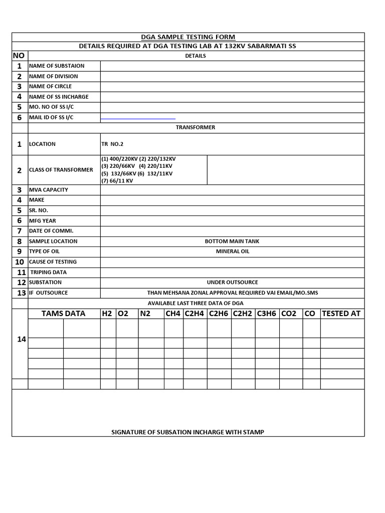 DGA Testing Form for 66KV Tundav S/S | PDF