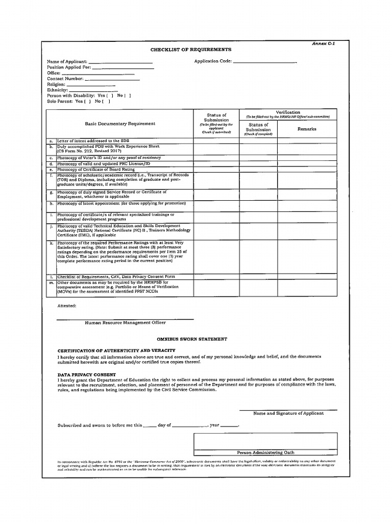 Checklist For Higher Teaching Position - Annex c1 | PDF