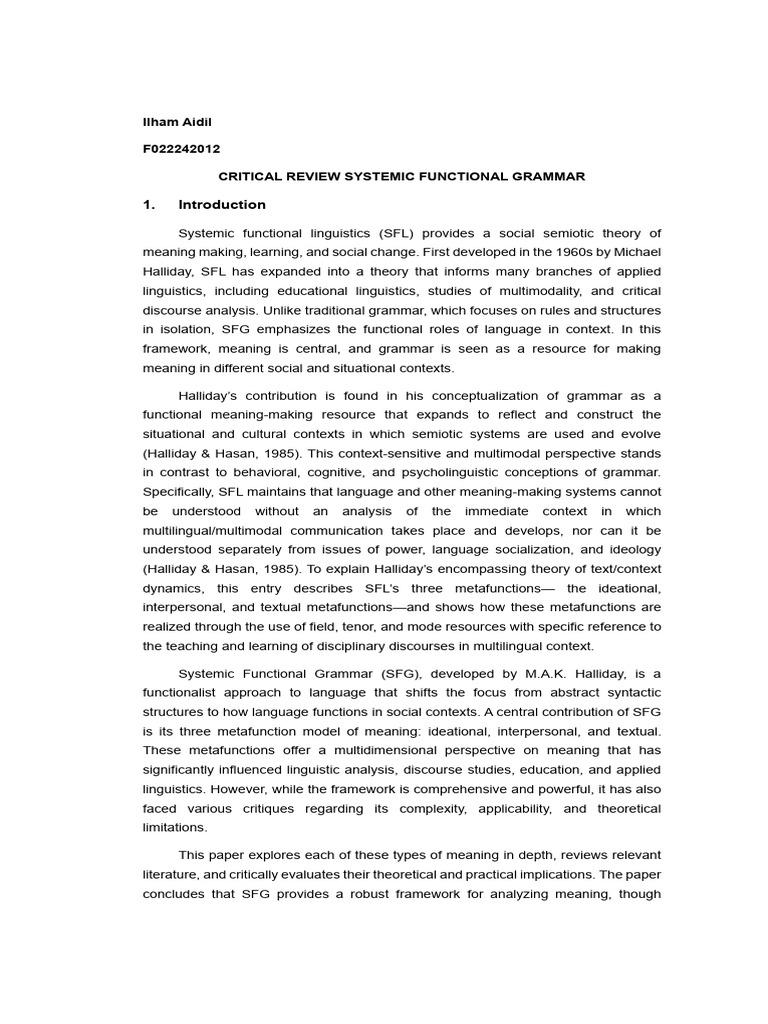 Critical Review of Systemic Functional Grammar | PDF | Semantics ...