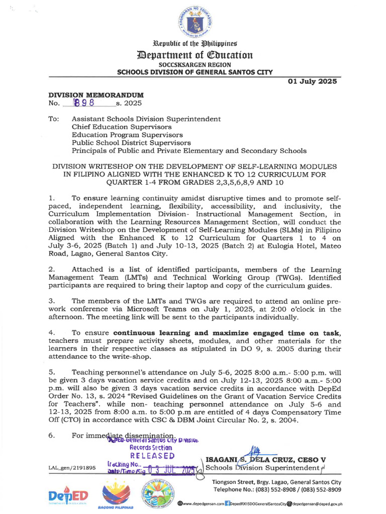 Division Memo No. 898 S. 2025 Division Writeshop On The Development of ...