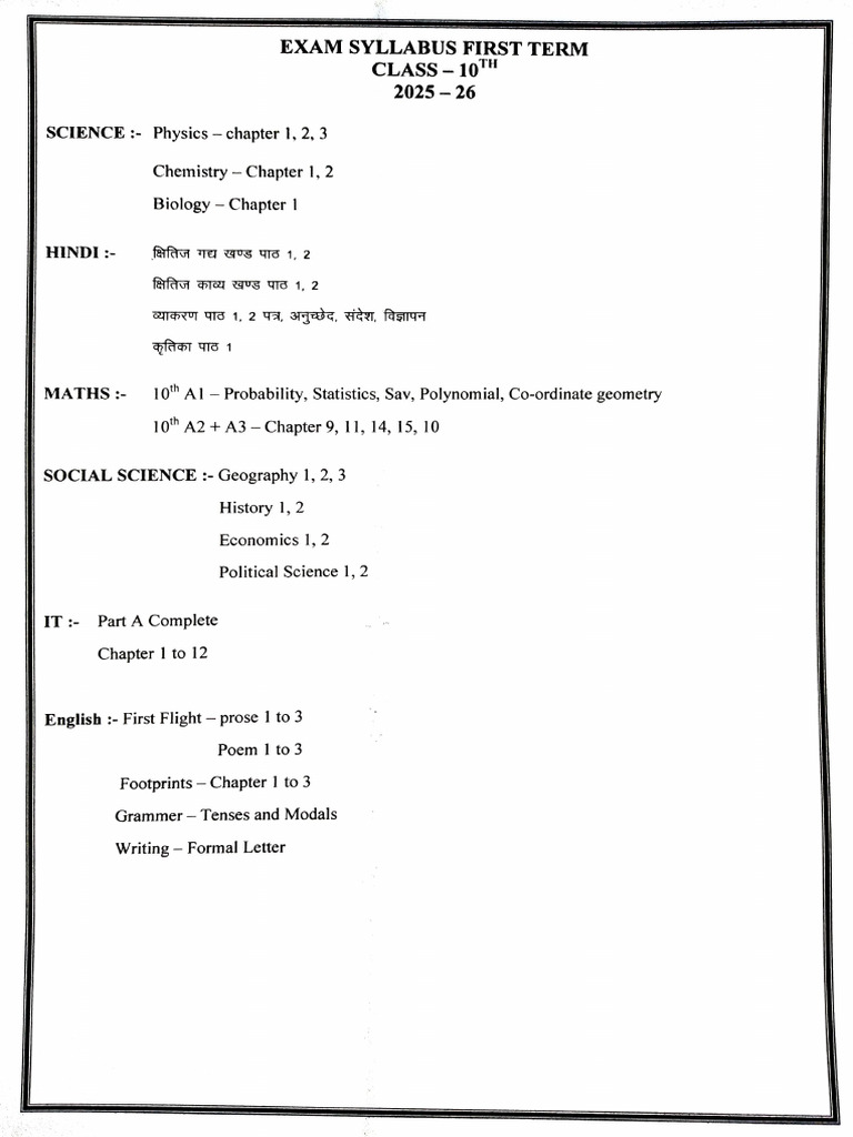 Class 10 First Term Syllabus 2025-26 | PDF