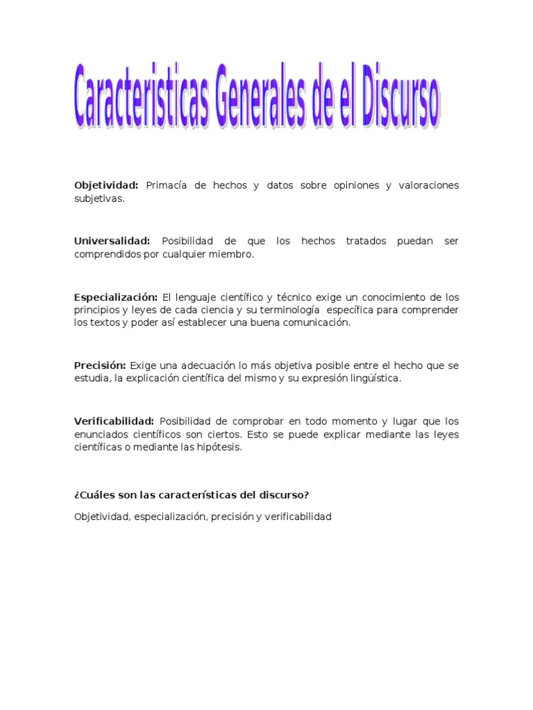 Caracteristicas Generales Del Discurso