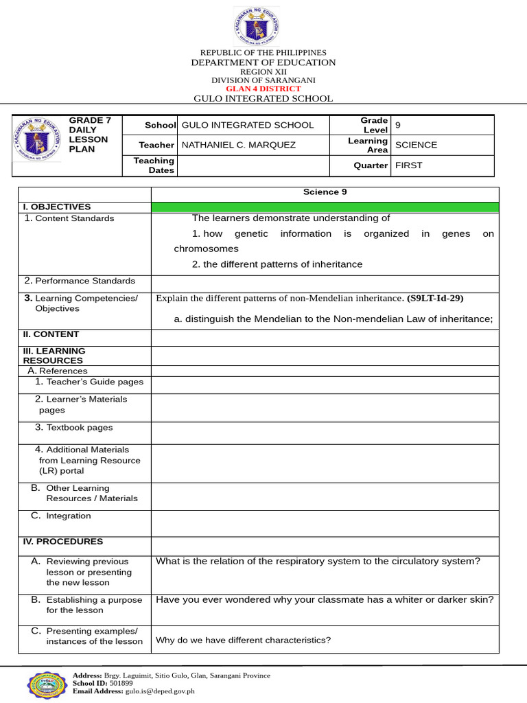 Grade 7 Science Daily Lesson Plan | PDF | Dominance (Genetics) | Genetics