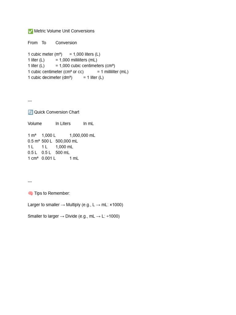 Metric Volume Unit Conversions | PDF